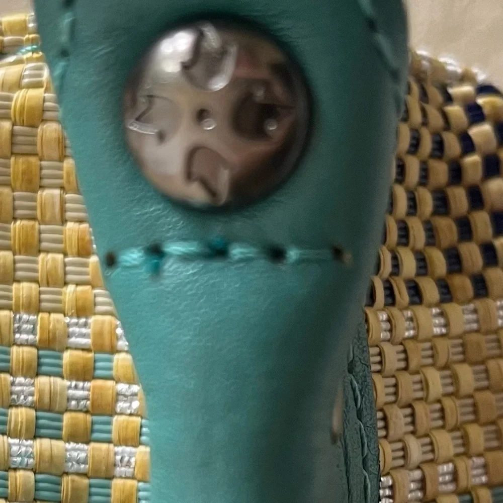 Patricia Nash Octavia Leather Blue Teal & Beige Women's Wicker Woven Tote